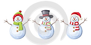 Set of Christmas snowmen. Vector illustration.