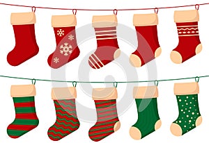 Set of christmas sock. Christmas stockings red green colors. Hanging holiday decorations for gifts. Vector illustration