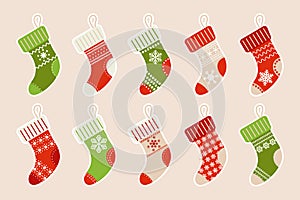 Set of Christmas socks with ornaments, stickers. Decor elements, icons vector