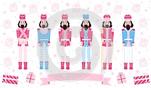 Set of christmas soldier figures - nutcracker doll in cartoon style with lettering on ribbon, horizontal greeting banner