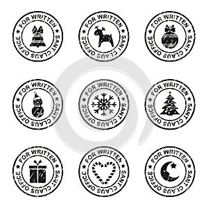 Set of christmas stamps and seals on a postal envelope, vector illustration