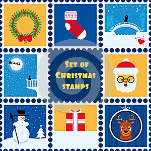 Set of Christmas stamps, stickers for printing. Flat, cartoon style. Christmas wreath, Santa, gift, snowman and spruce, sock, deer