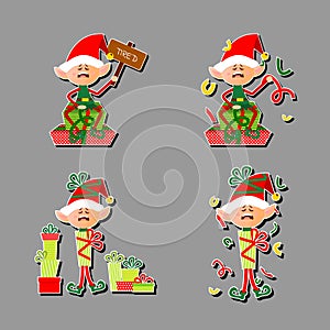 Set of Christmas stickers Elf tired. Funny cartoon character. A fabulous creature sits on gifts, holds a tablet. A