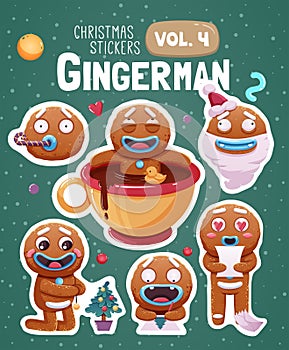 Set of christmas stickers with expressive gingerbread man cookies.