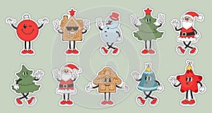 Set of Christmas stickers, Groovy retro characters. Christmas holiday icons in cartoon style. Vector