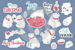 Set of christmas stickers of polar bears. Cartoon collection with cute bears and hand draw lettering Merry Christmas.