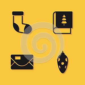 Set Christmas stocking, toy, Envelope and book icon with long shadow. Vector