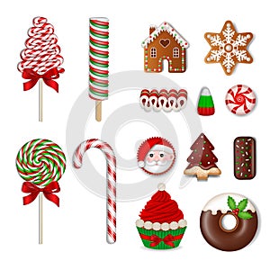 Set of christmas sweets. isolated lollipops, candies, chocolates, cookies and cakes