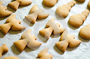 Set of Christmas theme shaped cookies on white cooking paper background. Ange, snowman and fish