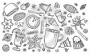 Set with Christmas toys, cups with hot drinks and winter details. Hand drawn outline vector sketch illustration