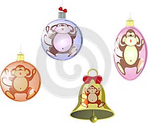 Set of Christmas tree balls and a bell with a monkey. EPS10 vector illustration