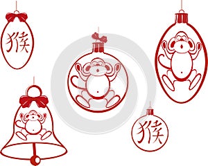 Set of Christmas tree balls and a bell with a monkey and hieroglyph. EPS10 vector illustration