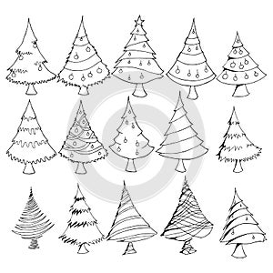 Set of Christmas Tree Drawing illustration Hand drawn doodle Sketch line vector eps10