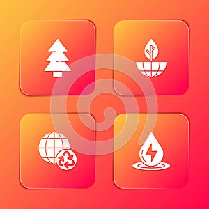 Set Christmas tree, Earth globe and plant, Planet earth recycling and Water energy icon. Vector