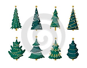 Set of christmas tree with garlands and balls. Winter season design elements. New year icons. Vector illustration in