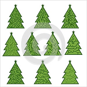 Set Christmas tree geometric shape with abstract pattern icon vector art