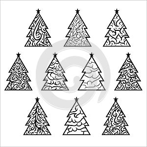 Set Christmas tree geometric shape with abstract pattern icon vector art