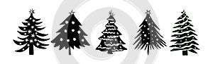 Set of Christmas tree black vector silhouettes.
