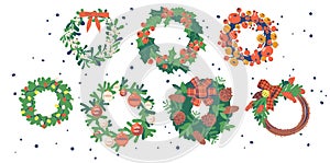 Set of Christmas Tree Wreaths, Isolated Winter Decoration of Plants, Berries and Leaves, Toys, Fir or Pine Branches