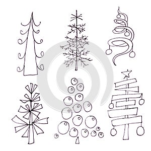 Set of christmas trees with balls, graphic black and white sketch isolate on white background