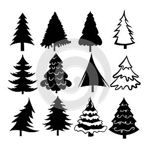 Set of Christmas trees. Collection of stylized Christmas trees. Black white illustration of forest elements. New Year.