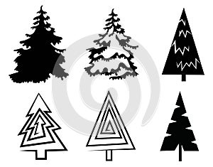 Set of Christmas trees. Collection of stylized Christmas trees. Black white illustration of forest elements. New Year.