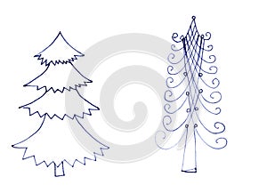 Set of christmas trees, graphic black and white sketch isolate on white background