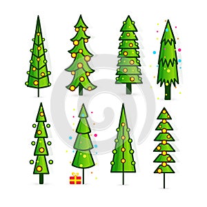 Set of Christmas trees, pines icons in flat style, bright graphics for design of greeting cards and invitations to New