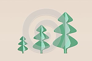 Set of Christmas trees stylish shapes made from green paper, wood. Concept illustration pine on a light beige background, greeting