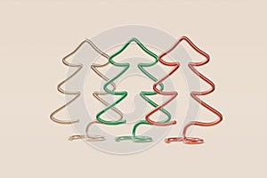 Set of Christmas trees stylish shapes made of red, beige, green metal wire. Concept illustration pine on a light background,