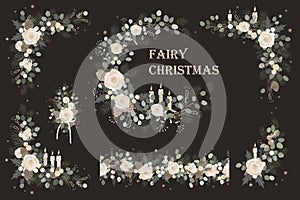 Set of Christmas vector floral compositions, blooming branches, flowers, seamless garland, wreath, and corners.