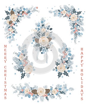 Set of Christmas vector florals, blooming branches, flowers, flourishes, wreaths and corners.