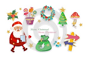 Set of Christmas vector icons with golden elements. Christmas tree, wreath, toy, star, Santa Claus, bag, arrows for
