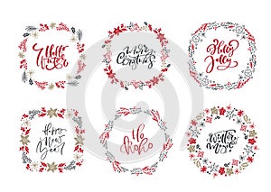Set of Christmas vector scandinavian wreaths and calligraphic holiday vintage texts. Winter Wreath with xmas phrase