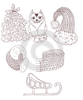 Set of christmas winter elements, graphic black and white drawing on a white background