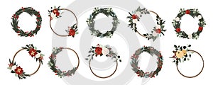 Set of Christmas winter floral frames and wreaths with red and white roses, poinsettia flowers