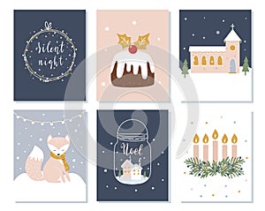 Set of Christmas and Winter Holidays Cards. Advent Wreath, Church and Lettering Signs. Vector Illustration