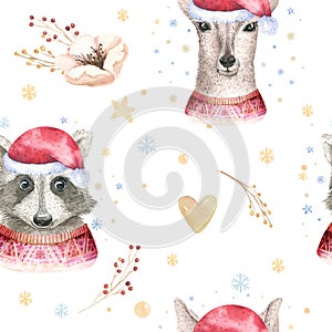 Set of Christmas Woodland Cute forest cartoon deer and cute raccoon animal character. Winter set of new year floral