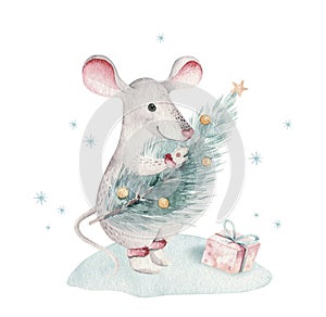 Set of Christmas Woodland forest cartoon cute mouse animal character. Winter rat 2020 christmas tree floral elements