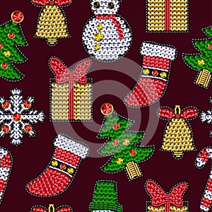 Set of christmases patches with sequins. Snowflake, candy, bell, Santa and other stickers.