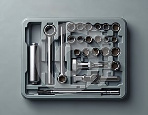 Set of chrome socket wrenches, screwdriver in gray plastic toolbox. Includes various sizes of sockets, ratchet handle, extension