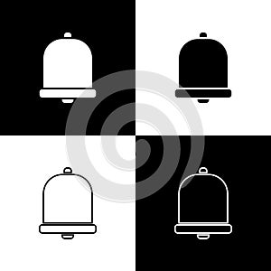 Set Church bell icon isolated on black and white background. Alarm symbol, service bell, handbell sign, notification