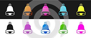 Set Church bell icon isolated on black and white background. Alarm symbol, service bell, handbell sign, notification