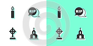 Set Church building, Burning candle, Grave with cross and Speech bubble rip death icon. Vector