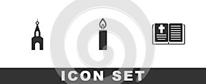 Set Church building, Burning candle and Holy bible book icon. Vector