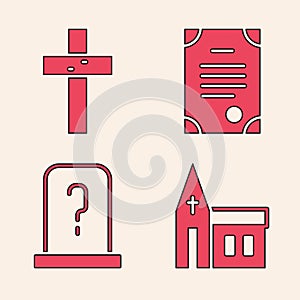 Set Church building, Christian cross, Death certificate and Grave with tombstone icon. Vector
