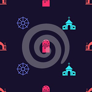 Set Church building, Dharma wheel, Easter cake and Hindu spiritual temple on seamless pattern. Vector