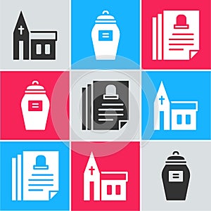 Set Church building, Funeral urn and Death certificate icon. Vector