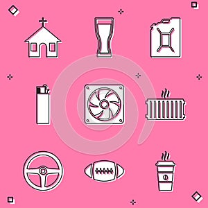 Set Church building, Glass of beer, Canister for gasoline, Lighter, Computer cooler and Heating radiator icon. Vector