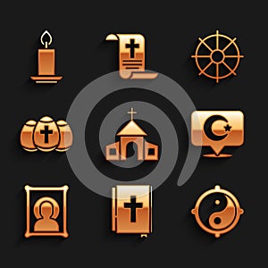 Set Church building, Holy bible book, Yin Yang, Star and crescent, Christian icon, Easter egg, Dharma wheel and Burning